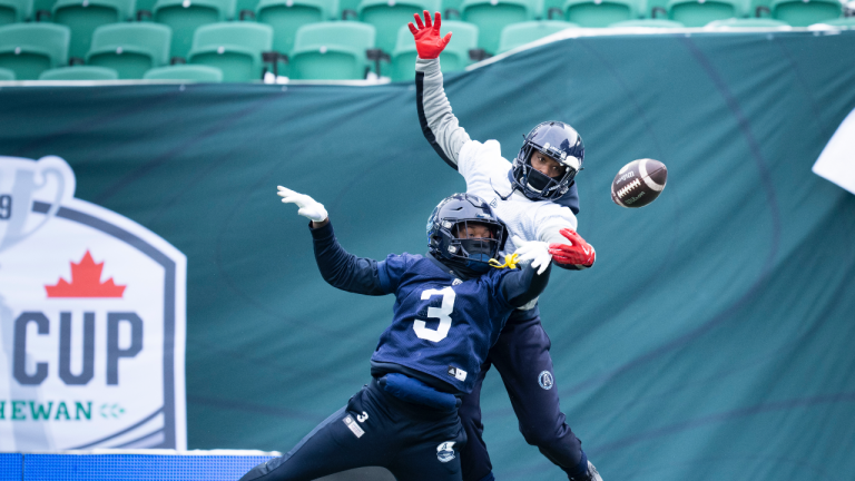 Toronto Argonauts defensive back Jamal Peters breaks up a pass intended for wide receiver Dejon Brissett during a practice in Regina, Friday, Nov. 18, 2022. Peters is back with the double blue. The Toronto Argonauts announced Monday they have signed the 2022 CFL all-star. THE CANADIAN PRESS/Paul Chiasson