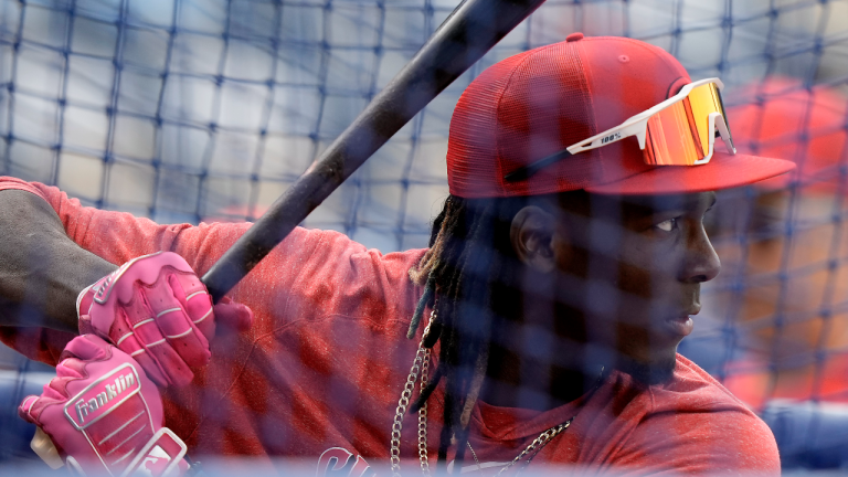 Cincinnati Reds' Elly De La Cruz takes batting practice before a baseball game against the Kansas City Royals Tuesday, June 13, 2023, in Kansas City, Mo. The Reds won 5-4. (AP)