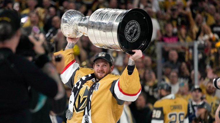 Vegas Golden Knights backup goaltender Jonathan Quick skates with the Stanley Cup after the Knights defeated the Florida Panthers 9-3 in Game 5 of the NHL hockey Stanley Cup Finals Tuesday, June 13, 2023, in Las Vegas. The Knights won the series 4-1. (John Locher/AP)