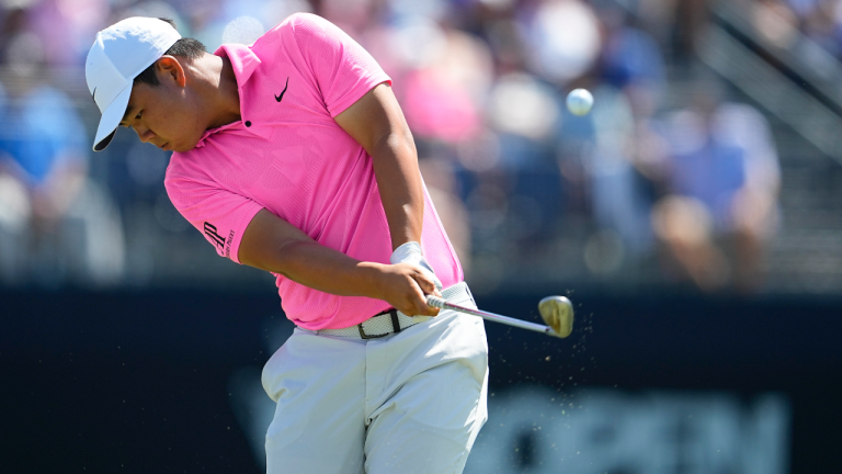 Tom Kim hits his tee shot on the 15th hole during the third round of the U.S. Open golf tournament at Los Angeles Country Club on Saturday, June 17, 2023, in Los Angeles. (AP Photo/Matt York)