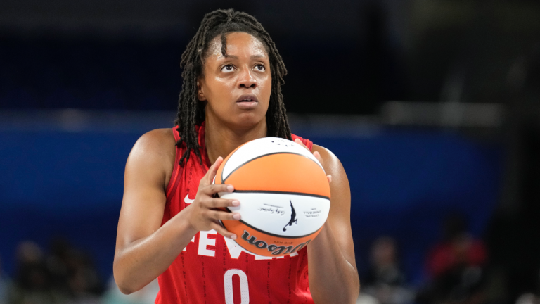 Indiana Fever's Kelsey Mitchell eyes a free throw during a WNBA basketball game against the Chicago Sky Thursday, June 15, 2023, in Chicago. (AP Photo/Charles Rex Arbogast)