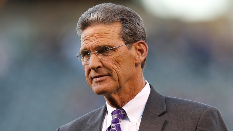 Colorado Rockies television color analyst George Frazier looks on during his retirement ceremony before the Rockies host the Los Angeles Dodgers in the first inning of a baseball game Friday, Sept. 25, 2015, in Denver. Oklahoma has announced that former pitcher George Frazier has died at age 68. Frazier played for Oklahoma on College World Series teams in 1975 and 1976, and played parts of 10 Major League Baseball seasons with five clubs. (AP Photo/David Zalubowski, File)