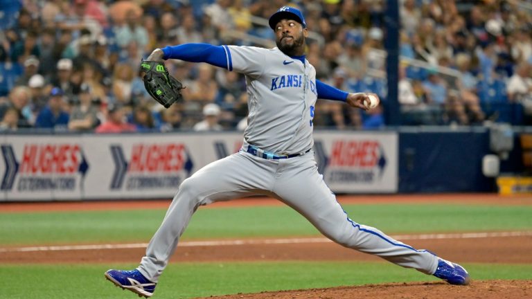 Kansas City Royals closer Aroldis Chapman pitches during a baseball game against the Tampa Bay Rays Sunday, June 25, 2023, in St. Petersburg, Fla. (Steve Nesius/AP)