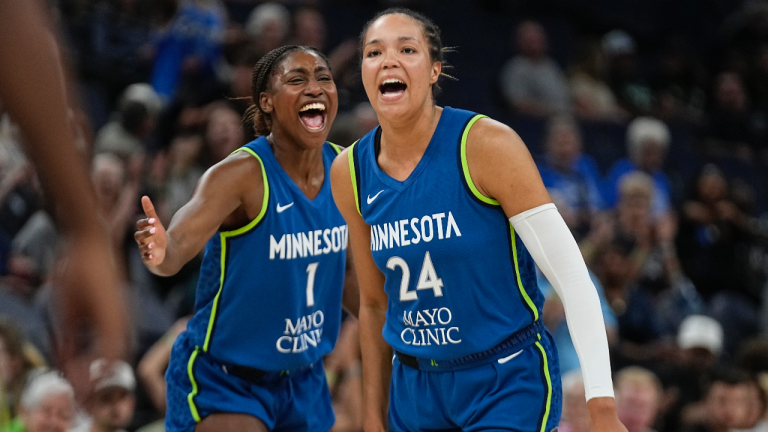 Minnesota Lynx forward Napheesa Collier (24), right, celebrates with guard Diamond Miller (1) after making a basket. (AP Photo/Abbie Parr)