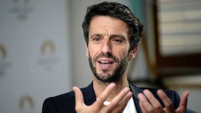 Paris 2024 Olympics Organizing Committee President Tony Estanguet pauses during an interview with the Associated Press gestures during an interview at the headquarters of Paris 2024 in Saint-Denis, outside Paris, France, Tuesday, June 27, 2023. (AP Photo/Christophe Ena)