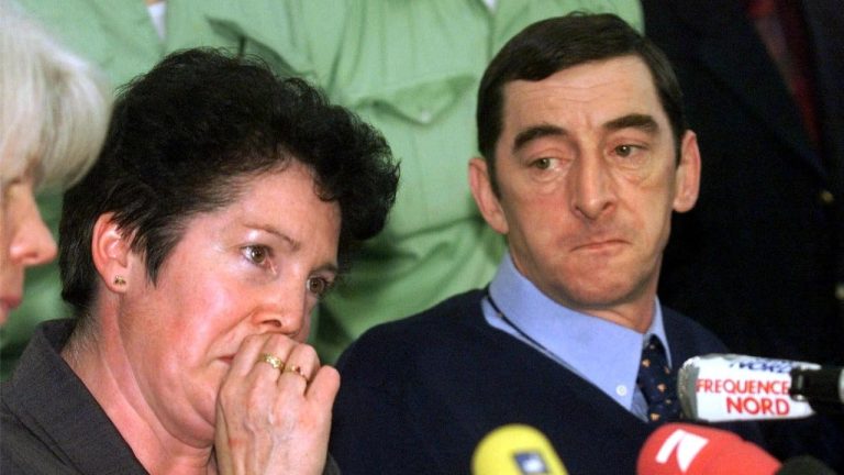 Lorette Nivel, left, wife of French police officer Daniel Nivel, right, pauses during a news conference on Tuesday, Nov. 9, 1999, in Essen, western Germany, after the conviction of four Germany soccer hooligans on charges in the near-fatal beating of Nivel during last year's soccer World Cup. The sidewalk attack took place on June 21, 1998 in Lens, France. The court handed down sentences ranging from 10 to 3 1/2 years in prison for the attack on Nivel. (AP Photo/Edgar R. Schoepal)