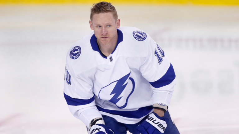 NHL profile photo on Tampa Bay player Corey Perry at a game against the Calgary Flames in Calgary, Alta., on Jan. 21, 2023. (CP)