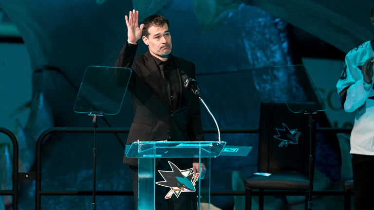 Former San Jose Sharks player Patrick Marleau waves during an event where his jersey No. 12 was retired in San Jose, Calif., Saturday, Feb. 25, 2023 (AP)