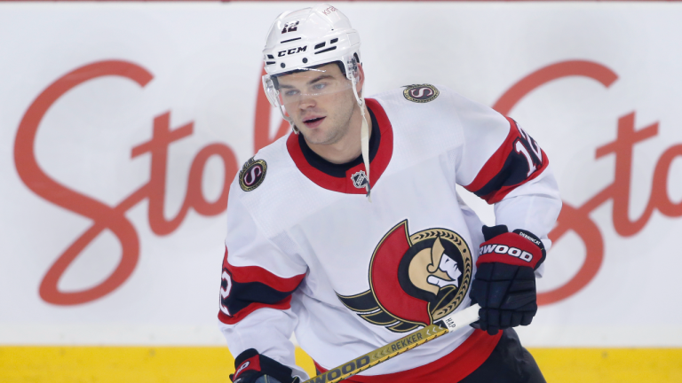 NHL profile photo on Ottawa Senators player Alex DeBrincat at a game against the Calgary Flames in Calgary, Alta., on March 12, 2023. (Larry MacDougal/CP)