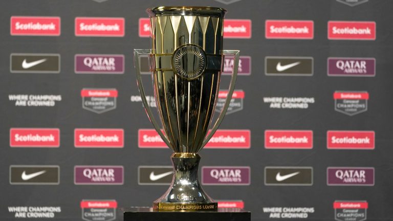 The trophy for the CONCACAF Champions League final soccer match between the United States' MLS soccer Seattle Sounders and the Mexico's Pumas is displayed Tuesday, May 3, 2022, before a news conference in Seattle. (Ted S. Warren/AP)