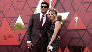 Kansas City Chiefs quarterback Patrick Mahomes and his wife Brittany arrive at a ceremony for team members to receive their championship rings for winning NFL football's Super Bowl LVII, Thursday, June 15, 2023, in Kansas City, Mo. (Charlie Riedel/AP)