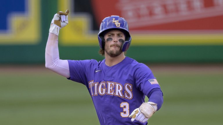 LSU outfielder Dylan Crews (3) celebrates a double during an NCAA baseball game on Friday, June 2, 2023, in Baton Rouge, La. (Matthew Hinton/AP)