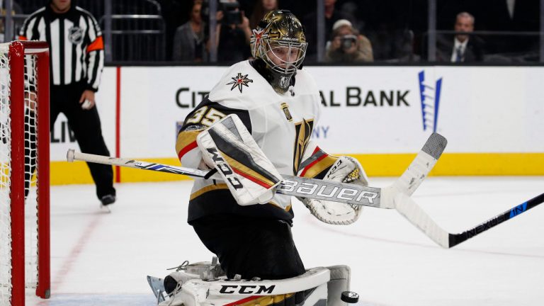 Vegas Golden Knights goalie Oscar Dansk blocks a shot by the Colorado Avalanche during the third period of an NHL hockey game Friday, Oct. 27, 2017, in Las Vegas. (John Locher/AP)