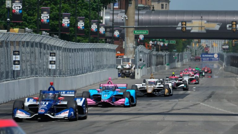 Cars practice for the IndyCar Detroit Grand Prix auto race in Detroit, Friday, June 2, 2023. (Paul Sancya/AP)