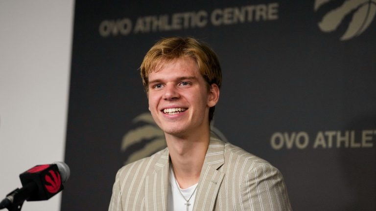 Toronto Raptors first round draft pick Gradey Dick answers questions after being introduced to the media in Toronto. (Andrew Lahodynskyj/CP)