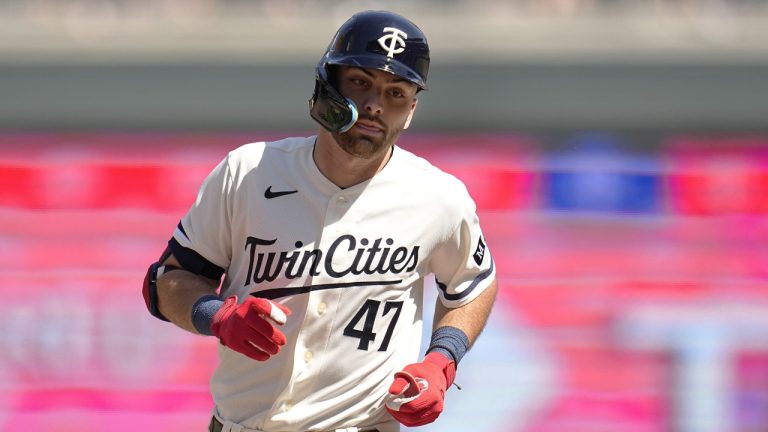 Minnesota Twins' Edouard Julien (47) runs the bases after hitting a solo home run against the Toronto Blue Jays during the eighth inning of a baseball game Saturday, May 27, 2023, in Minneapolis. (Abbie Parr/AP)