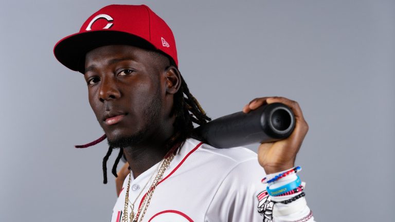 Cincinnati Reds shortstop Elly De La Cruz poses for a photograph during MLB spring training baseball photo day. (AP)