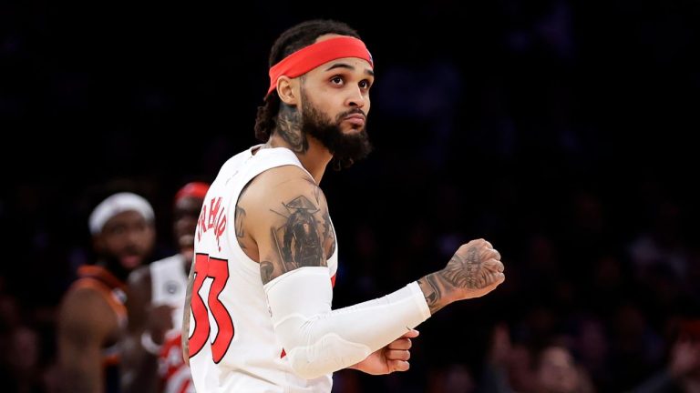 Toronto Raptors guard Gary Trent Jr. reacts during the second half of an NBA basketball game against the New York Knicks, Monday, Jan. 16, 2023, in New York. (Adam Hunger/AP Photo)