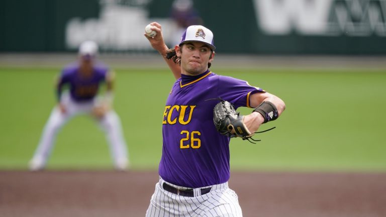 East Carolina pitcher Gavin Williams throws against Vanderbilt during the first inning of an NCAA college baseball super regional game Friday, June 11, 2021, in Nashville, Tenn. Gavin Williams, Cleveland's top pitching prospect, will make his major league debut on Wednesday, June 21, 2023, with a start against the Oakland Athletics. (AP Photo/Mark Humphrey, File)