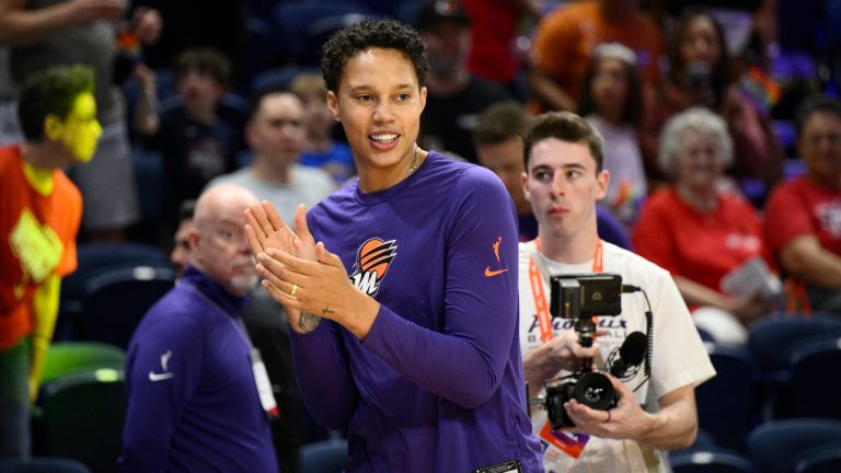 Phoenix Mercury center Brittney Griner walks on the court before the team's WNBA basketball game against the Washington Mystics, Friday, June 16, 2023, in Washington. (Nick Wass/AP)