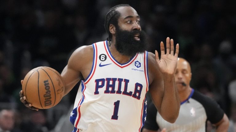 Philadelphia 76ers guard James Harden (1) calls to teammates during the first half of Game 5 against the Boston Celtics in the NBA basketball Eastern Conference semifinals playoff series, Tuesday, May 9, 2023, in Boston. (AP)