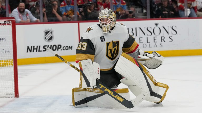 Vegas Golden Knights goaltender Adin Hill (33) defends the net during the second period of Game 3 of the NHL hockey Stanley Cup Finals against the Florida Panthers, Thursday, June 8, 2023, in Sunrise, Fla. (Lynne Sladky/AP)