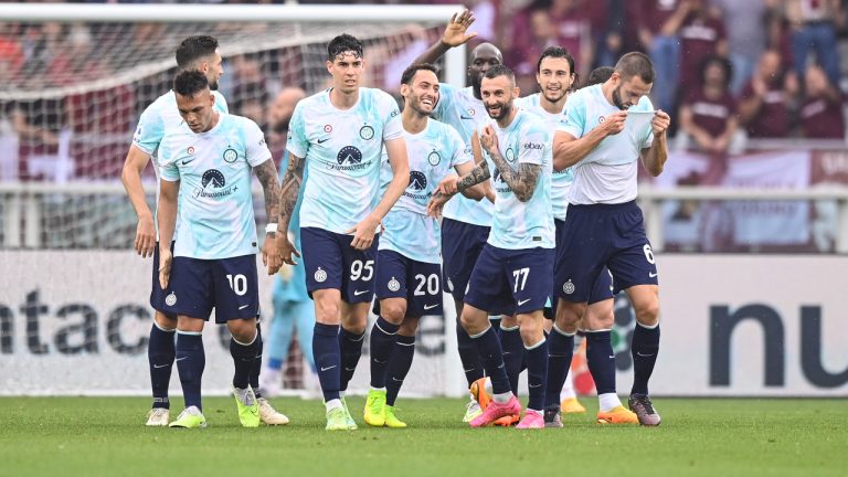 Inter's Marcelo Brozovic, third from right, celebrate with teammate after scoring his side's first goal during the Italian Serie A soccer match between Torino and Internazionale of Milan, at the Olympic Stadium in Turin, Italy, Saturday, June 3, 2023. (Fabio Ferrari/LaPresse via AP) 