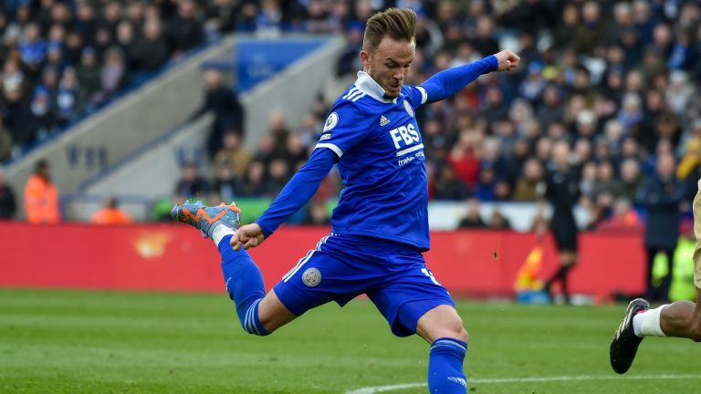 Leicester's James Maddison attempts a shot on goal during the English Premier League soccer match between Leicester City and Chelsea at King Power stadium in Leicester, England, Saturday, March 11, 2023. (Rui Vieira/AP)