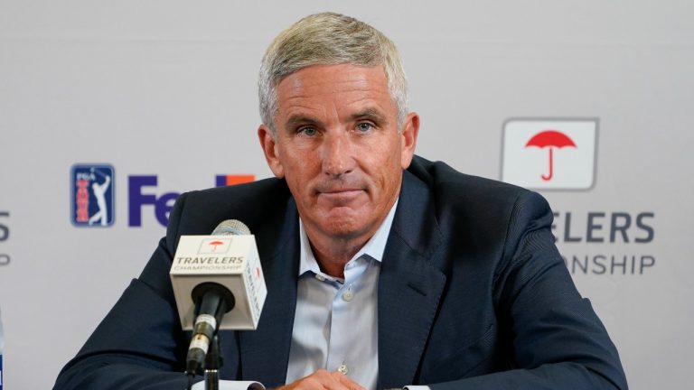 PGA Tour Commissioner Jay Monahan speaks during a news conference before the start of the Travelers Championship golf tournament at TPC River Highlands, Wednesday, June 22, 2022, in Cromwell, Conn. (AP)