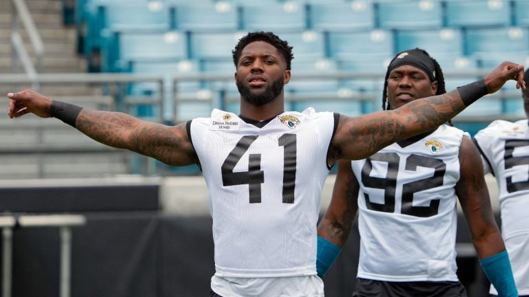 Jacksonville Jaguars linebacker Josh Allen (41) loosens up before an NFL football practice, Monday, June 12, 2023, in Jacksonville, Fla. (John Raoux/AP)