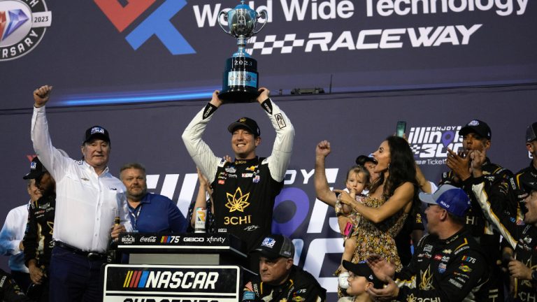 Kyle Busch celebrates after winning a NASCAR Cup Series auto race at World Wide Technology Raceway, Sunday, June 4, 2023, in Madison, Ill. (Jeff Roberson/AP)