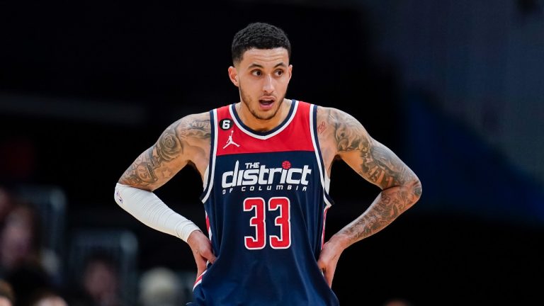 Washington Wizards forward Kyle Kuzma pauses during the second half of the team's NBA basketball game against the Sacramento Kings, Saturday, March 18, 2023, in Washington. (Jess Rapfogel/AP)