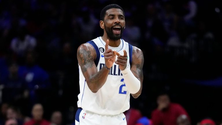 Dallas Mavericks' Kyrie Irving reacts during the first half of an NBA basketball game against the Philadelphia 76ers, Wednesday, March 29, 2023, in Philadelphia. (Matt Slocum/AP Photo)