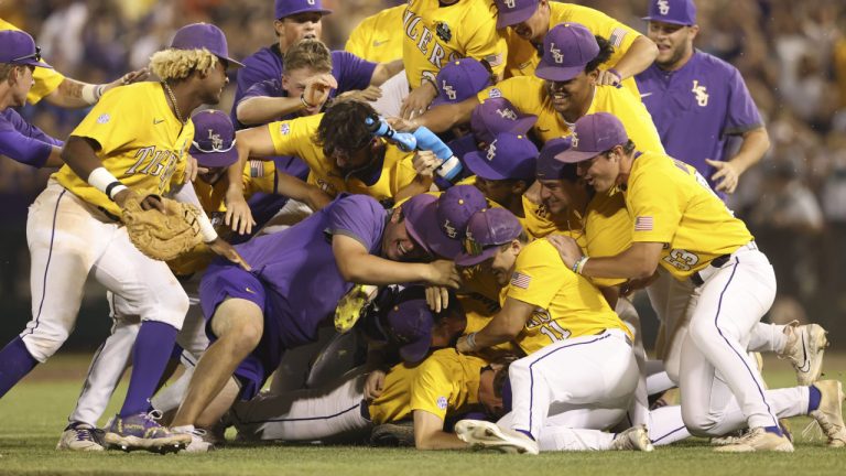 LSU celebrates after defeating Florida in Game 3 of the NCAA College World Series baseball finals in Omaha, Neb., Monday, June 26, 2023. LSU won the national championship 18-4. (Rebecca S. Gratz/AP)