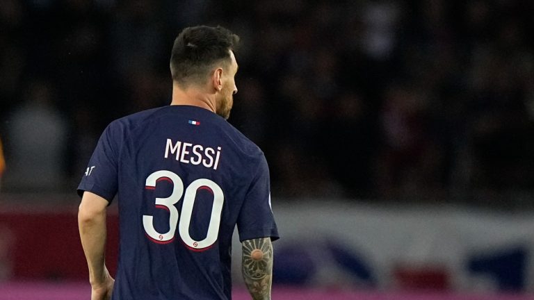 PSG's Lionel Messi pauses during the French League One soccer match between Paris Saint-Germain and Clermont at the Parc des Princes in Paris, France, Saturday, June 3, 2023. (Michel Euler/AP)