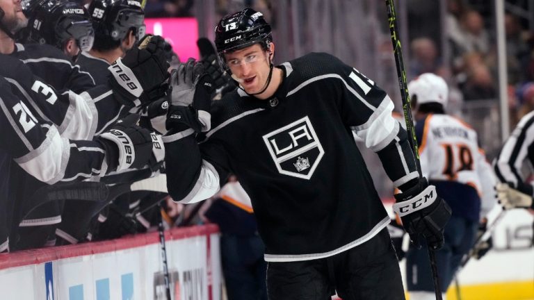 Los Angeles Kings right wing Gabriel Vilardi is congratulated for his goal against the Colorado Avalanche during the first period of an NHL hockey game Thursday, Dec. 29, 2022, in Denver. (David Zalubowski/AP)