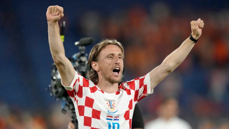 Croatia's Luka Modric celebrates at the end of the Nations League semifinal soccer match between the Netherlands and Croatia at De Kuip stadium in Rotterdam, Netherlands, Wednesday, June 14, 2023. Croatia won 4-2. (Peter Dejong/AP)