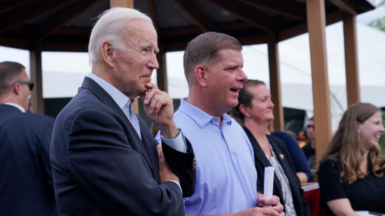 President Joe Biden stands with now-former Labour Secretary Marty Walsh before Biden speaks at a United Steelworkers of America Local Union 2227 event in West Mifflin, Pa., Monday, Sept. 5, 2022, to honour workers on Labor Day. (Susan Walsh/AP)