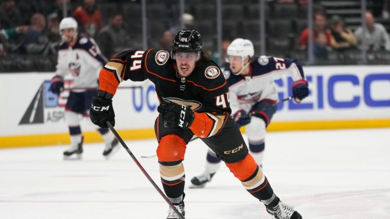 Anaheim Ducks' Max Comtois (44) chases the puck during the first period of an NHL hockey game against the Columbus Blue Jackets Friday, March 17, 2023, in Anaheim, Calif. (Jae C. Hong/AP)