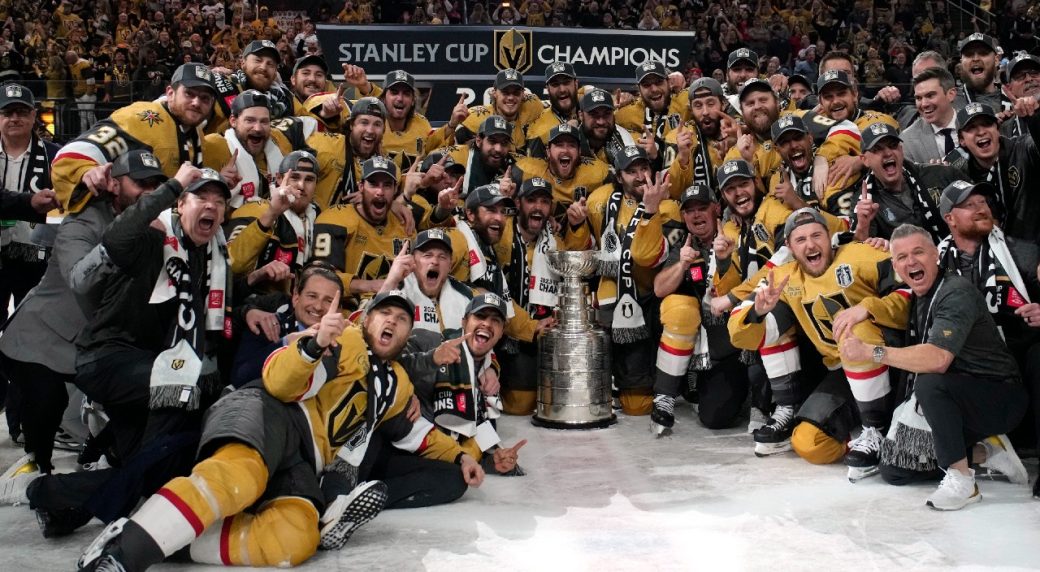 Members Of The Vegas Golden Knights Pose With The Stanley Cup After The Knights 1040x572 