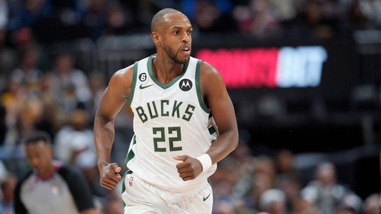 Milwaukee Bucks forward Khris Middleton reacts after hitting a 3-point basket against the Denver Nuggets in the first half of an NBA basketball game Saturday, March 25, 2023, in downtown Denver. (David Zalubowski/AP Photo)