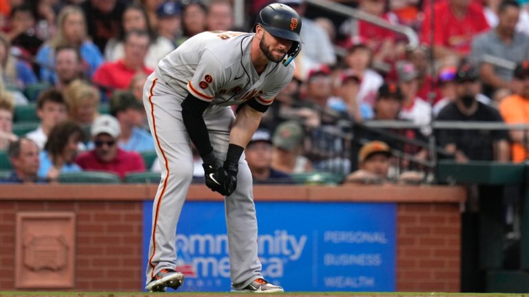 San Francisco Giants' Mitch Haniger doubles over in pain after being hit by a pitch during the third inning of a baseball game against the St. Louis Cardinals Tuesday, June 13, 2023, in St. Louis. Haniger left the game. (Jeff Roberson/AP)