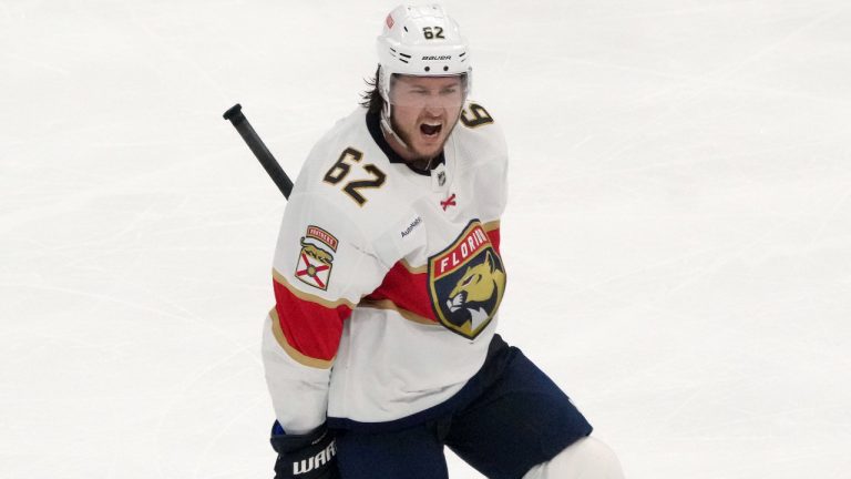 Florida Panthers defenceman Brandon Montour (62) celebrates his goal during third period, second round, game one, NHL Stanley Cup hockey action against the Toronto Maple Leafs, in Toronto, Tuesday, May 2, 2023. (Chris Young/CP)