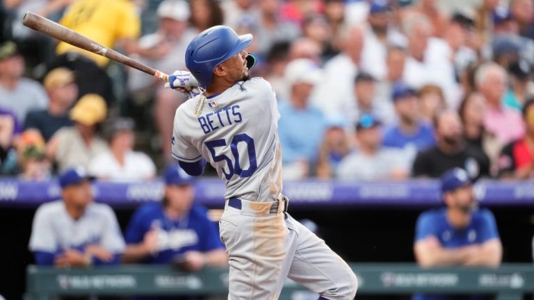 Los Angeles Dodgers' Mookie Betts watches his three-run home run off Colorado Rockies starting pitcher Kyle Freeland during the fourth inning of a baseball game Wednesday, June 28, 2023, in Denver. (David Zalubowski/AP)