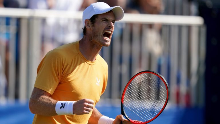 Andy Murray celebrates winning a tie break during their match against Bu Yunchaokete (not pictured) on day three of the 2023 Lexus Surbiton Trophy at Surbiton Racket and Fitness Club, London. Picture date: Wednesday June 7, 2023.