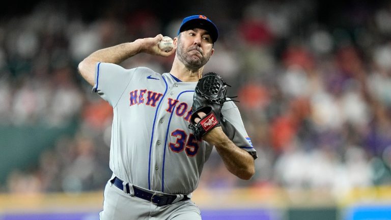 New York Mets starting pitcher Justin Verlander throws during the first inning of a baseball game against the Houston Astros Tuesday, June 20, 2023, in Houston. (David J. Phillip/AP)