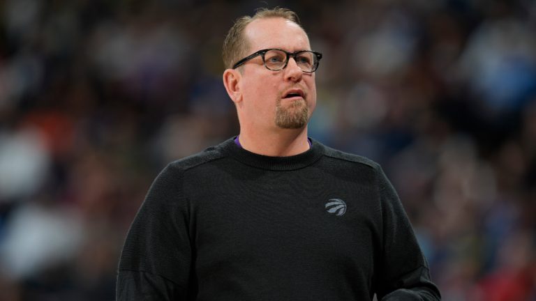 Toronto Raptors head coach Nick Nurse directs his team against the Denver Nuggets in the first half of an NBA basketball game, Monday, March 6, 2023, in Denver. (AP)