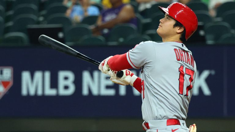 Los Angeles Angels' Shohei Ohtani watches his two-run home run in the eighth inning in a baseball game against the Texas Rangers, Thursday, June 15, 2023, in Arlington, Texas. (Richard W. Rodriguez/AP)