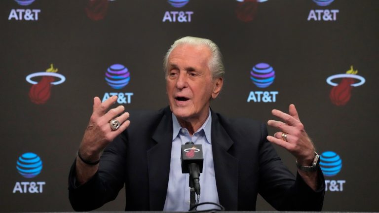 Miami Heat president Pat Riley gestures as he speaks during an end of season NBA basketball news conference, Tuesday, June 20, 2023, in Miami. (Wilfredo Lee/AP)