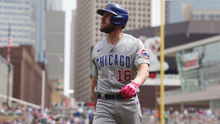 Chicago Cubs' Patrick Wisdom (16) reacts after striking out against the Minnesota Twins during the fifth inning of a baseball game Sunday, May 14, 2023, in Minneapolis. (Stacy Bengs/AP)